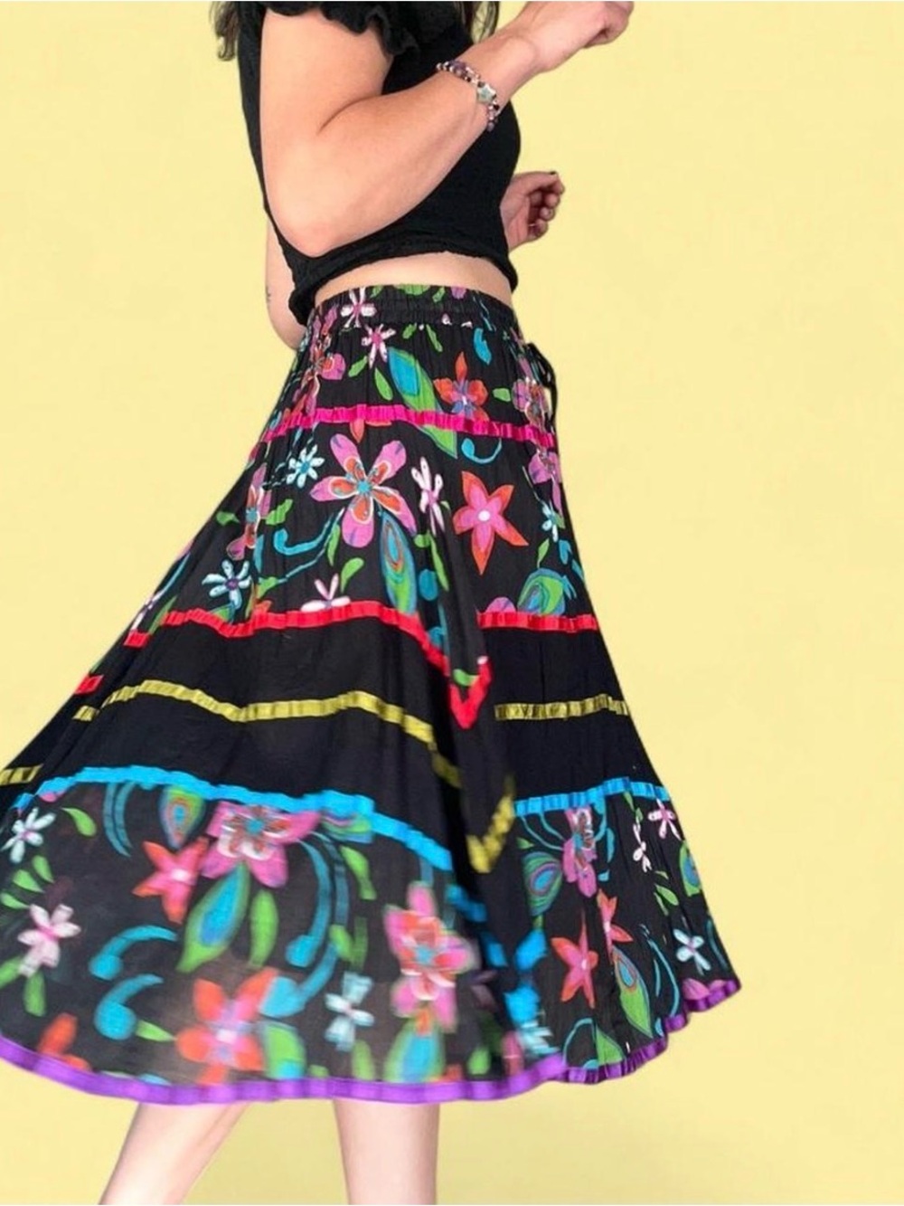 Boho Floral Tiered Midi Skirt in Black with Multicolor Accents - Picture 2 of 8